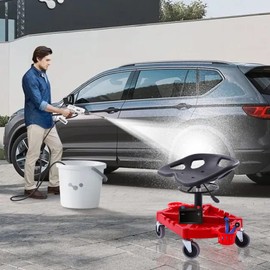 CeRaBuRET Red 330LBS Capacity Rolling Garage Stool, Adjustable Height from 19.69 in to 25 in, 360-degree Swivel Wheels (4"), Large Tool Tray with Two Bottle Holder for Auto Repair Shop