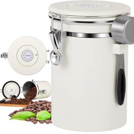 LUMOKU Tarro de Café en Grano, 1.8 L con Válvula de Ventilación Unidireccional, Tarro Hermético de Comida de té de Frijol con Cuchara de Acero y rastreador de fecha para granos, molidos, té, azúcar.
