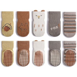FedMois Pack of 5 Baby Toddler ABS Non-Slip Socks, Trainer Socks, Animal Motifs, Cotton, Fox