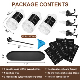 Coffee Syrup Dispenser for Coffee Bar, 16.9oz 500ml Glass Syrup Dispenser w Black Coffee Scoop, Coffee Syrup Pump Dispenser w 36 Labels and Bamboo Tray, Coffee Syrup Bottles with Black Pump, 3PCS