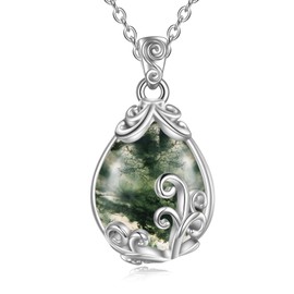 POPLYKE Sterling Silver Gemstone Filigree Teardrop Pendant Necklace Crystal Jewellery for Women, Sterling Silver, Agate