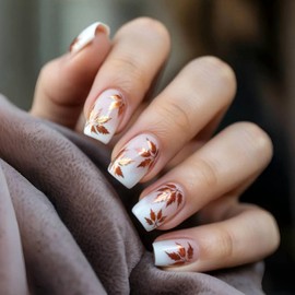 Fall Press on Nails Short Square Glossy Fake Nails with Glitter Maple Leaves Designs Pink White Gradient Acrylic False Nails Autumn Stick on Nail Artificial Gel Glue on Nail for Women 24Pcs