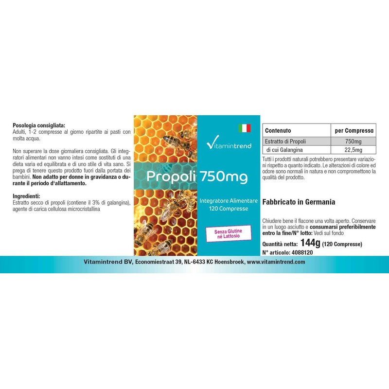 Vitamintrend Propolis Extract 750 mg, 120 Tablets, with Galangin, Dietary