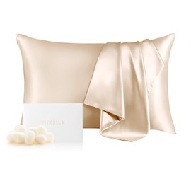 THXSILK 100% Mulberry Silk Pillowcase for Hair and Skin Health, Soft and Smooth Pillowcase with Hidden Zipper, Both Sides Premium Grade 6A+ Silk, 1pc (Standard 20"x26", Beige)