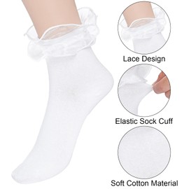 Haakong 3 Pairs White Lace Ruffle Socks for Women Cotton Cute frilly Socks for Girl Daily Dress (CA/US, Alpha, Medium, Regular, Regular, 3, White)