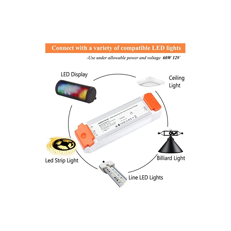 LEDMO Dimmable LED Driver 12V DC 60W Triac Dimmable Transformer