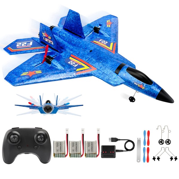 ANTSIR Remote Control Plane RTF F-22 Raptor, 2.4Ghz 6-axis Gyro RC Airplane with Light Strip, Jet Fighter Toy Gift for Kids Beginner (Blue)