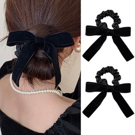 TUCEWP Bows for Women Girls 2Pcs Black Velvet Bow Scrunchies for Long Thick Curly Hair Ultra Soft Satin Scrunchy Hair Ties Cute Elastic Hair Bands Bowknot Ponytail Holders Sweet Hair Accessories