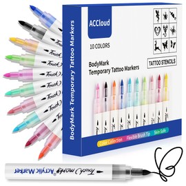 ACCloud Temporary Tattoo Markers for Skin Drawing Pens, 10 Body Markers+ Tattoo Stencils Kit, Flexible Brush Tip, Skin Safe, Color Collection for Body & All Artists, DIY