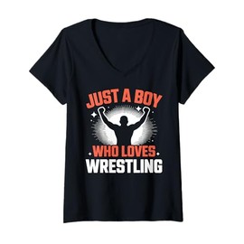 Womens Just A Boy Who Loves Wrestling Wrestler Funny V-Neck T-Shirt