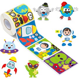 BeYumi 300pcs Outer Space Astronaut Rocket Planet DIY Make-A-Face Sticker Roll Set for Kids Creative Mix and Match Space Theme Back to School Classroom Reward Supply - Includes 6 Unique Patterns