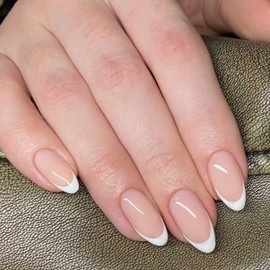 YoYoee Press on Nails -Reusable Short Fake Nails Almond False Nails French Nude Nails Tips for Women and Girls 30Pcs 14 Sizes