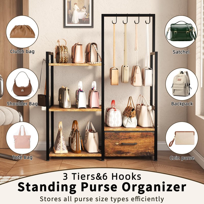 WCBSQX 3-Tier Purse Rack Stand with Pull-Out Drawer & 6