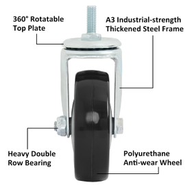 Finnhomy Swivel Caster Wheels 4 Inch Threaded Stem Casters Set of 4 Heavy Duty 3/8"-16 x 1 Anti-wear Polyurethane Industrial Castor Wheels for Cart/Furniture Load Bearing 2200 Lb Smooth Caster Black