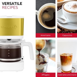 Holstein Housewares 5-Cup Coffee Maker - Pause N Serve, One-Touch Operation, Non-Stick Warming Plate, Water Level Indicator - Reusable Filter - Compact Design - White and Gold Color