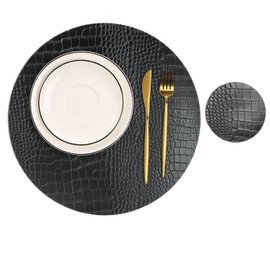Round Leather Placemats for Round Tables Set of 4, Black Place Mats and Coasters, Washable Easy to Care for Indoor Decor 13" Diameter