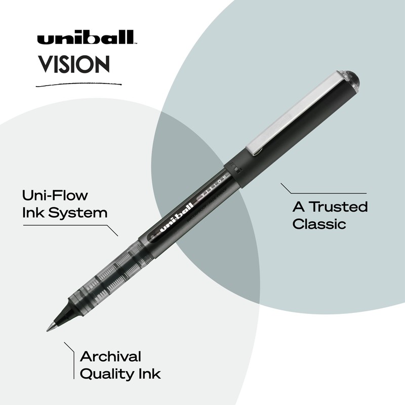 Uniball Vision Rollerball Pens, Black Pens Pack of 12, Fine