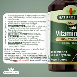 Natures Aid Vitamin D3 Liquid 2500iu 50ml – High Strength Cholecalciferol Vit D Drops – Bone & Immune Support – Vegan, Non-GMO, Gluten-Free – Natural Supplement Includes Dropper