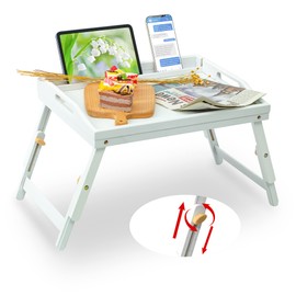 Bed Tray Table for Eating - Bamboo Breakfast Food Table with Phone Tablet Holder - Adjustable Height White Serving Tray with Folding Legs on Lap Sofa - Portable Laptop Snack Platter for Bedroom Picnic