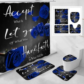 4 Pcs Blue Rose Shower Curtain Sets with Non-Slip Rug, Toilet Lid Cover and Bath Mat, Thankful Grateful Blessed Black Blue Retro Elegant Shower Curtain Valentine's Day Bathroom Set(Hooks Not Included)