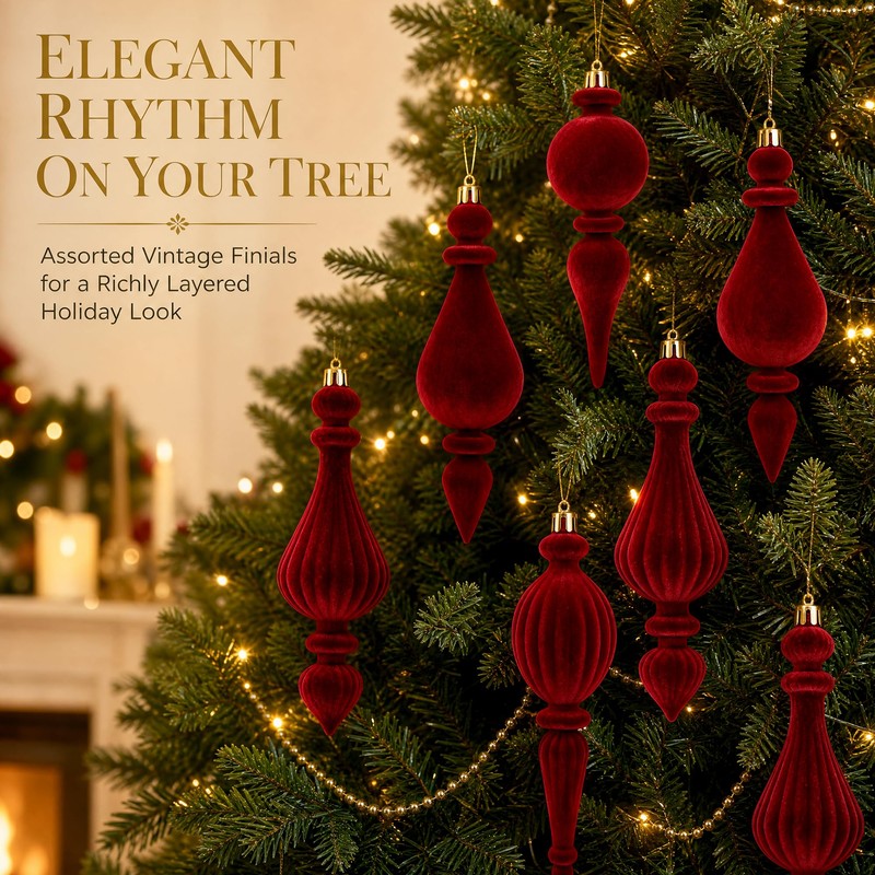 8 Pcs Burgundy Christmas Decorations, Finial Velvet Baubles Ornaments