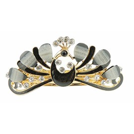 Ladies Enamel & Diamante Evening Occasion Stencil Hair Barrette Clip Peacock Spread Feathers Black