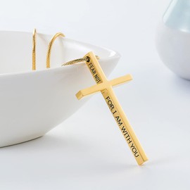 Lemu Isaiah 41:10 Christian Cross Pendant Necklace for Men Gold Silver Black Plated Strength Bible Verse Stainless Steel Faith Religious Minimalist Baptism Jewelry (Gold)