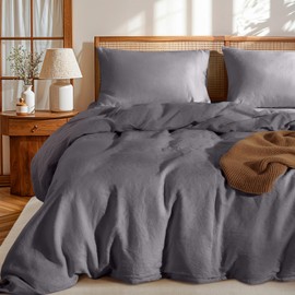 LBRO2M 100% France Linen Duvet Cover Set 3 Pcs Natural Flax Duvet Cover Set 2 Pillowcase 1 Duvet Cover with Zipper (Dark Gray King)