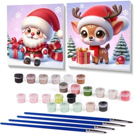 Amzdiyfun 2 Pack Framed Christmas Paint by Numbers Kit for Adults Beginner,DIY Cute Cartoon Adults Paint by Number Kits on Canvas,Arcrylic Easy Paint by Number for Adults,Home Wall Decor,7.8x7.8Inch.