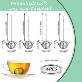 TJUSPIRIT 4 Tea Strainer for Loose Tea, Tea Infuser, Tea Filter for Loose Tea, Stainless Steel, with Extended Chain, Fine Mesh Tea Strainer, Ideal Gift for Tea Lovers (Teapot)