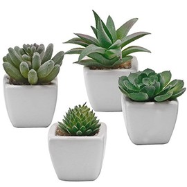 MyGift Juego de 4 Mini macetas con suculentas Artificiales, Las macetas Son cuadradas y están Hechas de cerámica en Color Blanco