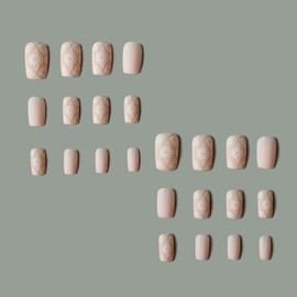 24PCS Flower Press on Nails Medium Square Fake Nails Daisy Bohemia with Matte Designs Full Cover Flesh-Colored Ombre Glue on Nails Spring Summer False Nails for Women Girls Acrylic Nail Art