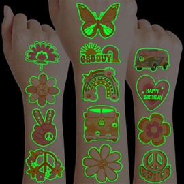 96 PCS Two Groovy Retro 60s 70s Pre-Cut Temporary Tattoos for Kids | Super Cute Themed Birthday Party Favors, Supplies, Decorations, Fake Tattoo Stickers (Luminous)