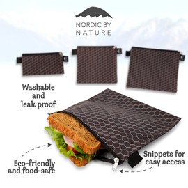 Nordic By Nature 4 Pack - Reusable Sandwich Bags Dishwasher Safe BPA Free - Durable Washable Quick Dry Cloth Baggies -Reusable Snack Bags School Lunches - Easy Open Zipper - (Black Metal)