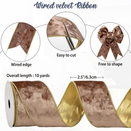 Hollyone 63mm x 10yd Bronze Velvet Ribbons, 2PCS Thick Christmas Ribbons for Gift Wrapping, Wide Ribbons for Crafting, Wired Ribbons for Wedding Car, Xmas Tree, Birthday Decorations