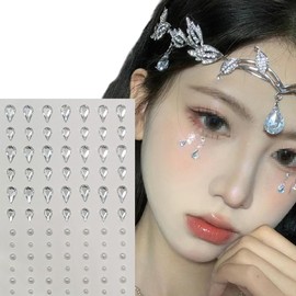 2 Sheets Face Rhinestone Stickers Face Self Adhesive Gems Stickers Artificial Pearls Drop Shape Sticker for DIY Nail Makeup Decoration
