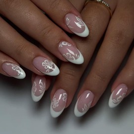French Tip Press on Nails Short Almond Fake Nails Flower Designs Summer False Nails Nude Pink Full Cover Glossy Stick on Nails Reusable Acrylic Nails for Women 24 Pcs