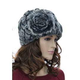 100% Rex Rabbit Knit Fur Hat with Flower - Chinchilla