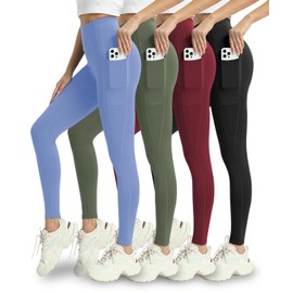 Mlenhor 4 Pack Leggings with Pockets for Women - Soft High Waisted Tummy Control Workout Yoga Pants (US, Alpha, 3X-Large, Regular, Regular, 4 Pack-Light Blue/Green/Burgundy/Black)