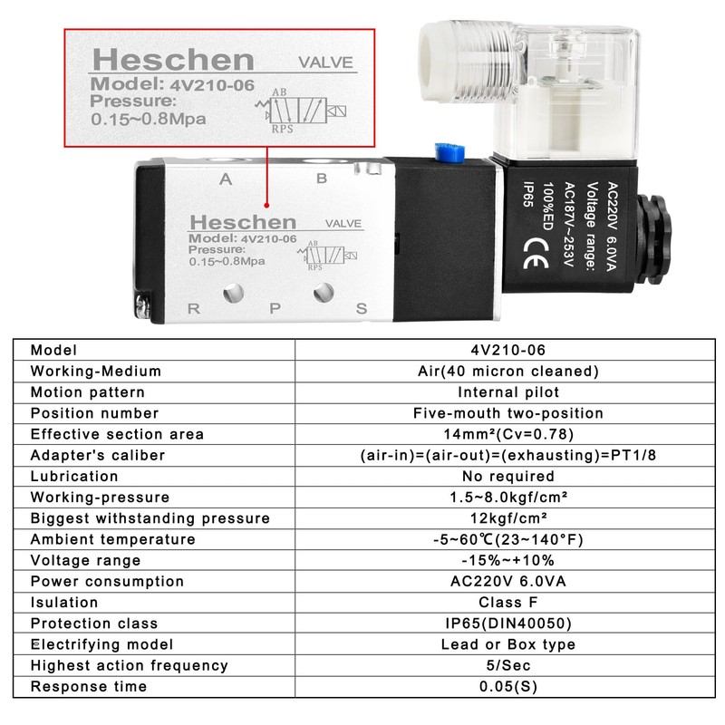 Heschen Electrical Pneumatic Solenoid Valve 4V210-06 AC220V PT1/8 5 Way