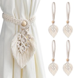 ANBOWEI Boho Curtain Tiebacks, Pack of 4 Curtain Holders, Macrame Leaves Curtain Holders, Cotton Curtain Ties, Rope for Curtains Decoration of Living Room, Office, Bedroom