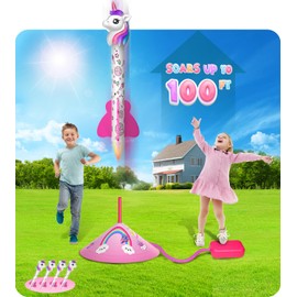 beefunni Unicorn Rocket Launcher for Kids, 4 Unicorns Outdoor Toys for Girls, Christmas Easter Birthday Gifts for Girls Ages 2 3 4 5 6 7 8 Years Old, Fun Indoor Toys for Kids Ages 2-4-6 Years Old