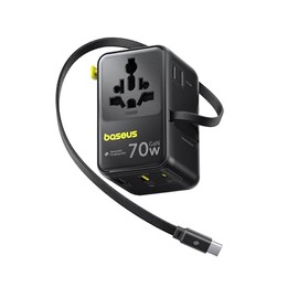 Baseus 70W Universal Travel Adapter with Retractable Cable, 6-in-1 International Plug Adapter, USB-C PD Fast Charging Worldwide Wall Charger for USA/EU/UK/AUS and Over 200 Countries - Enercore CG11