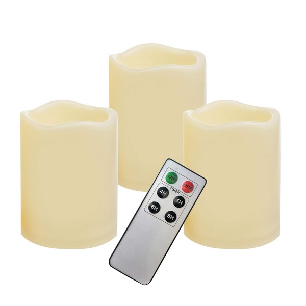 iZAN 3-Pack Outdoor Flameless LED Battery Operated Candles with Remote Waterproof Flickering Electric Pillar Candles for Halloween Chirstmas Home Wedding Party Festival Décor Long Battery Life 3”x4”