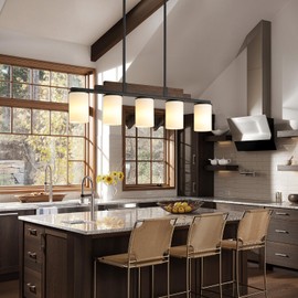 Farmhouse Wood Kitchen Island Lighting, 5-Light Adjustable Chandelier for Dining Room, Milk Glass Shade Dining Room Light Fixture Over Table, Black Hanging Pendant Lights for Kitchen, Pool Table