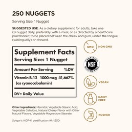 Solgar Vitamin B12 1000 mcg, 250 Nuggets - Supports Production of Energy, Red Blood Cells - Healthy Nervous System - Promotes Cardiovascular Health - Vitamin B - Non-GMO, Gluten Free - 250 Servings