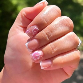 French Tip False Nails with Flower - 24pcs Press On Nails Square - Pink Short False Nails with Glue - Removable Acrylic Nails Stick on Nails for Women Girls Nail Art