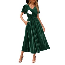 CzzzyL Women's Nursing Velvet Maxi Dress Flutter Short Sleeve V Neck Empire Waist Elastic Long Maternity Dresses with Pockets(DeepGreen,Large)
