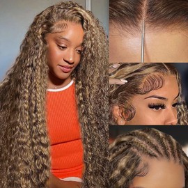 Sailk 13x6 Lace Front Wigs Human Hair Pre Plucked Braid Wigs Glueless Wigs P4/27# Colored Wigs Jerry Curly Human Hair Wigs 180% Density Curly Wigs Natural Hairline With Baby Hair(28 inch)