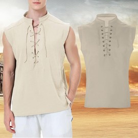 Men's Cotton Linen Tank Top Shirt Pirate Renaissance Costume Sleeveless Lace Up Vest Medieval Gothic Viking Tee Tunic (XL, Off-white)